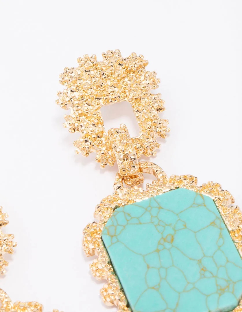 Gold Textured Oval & Square Drop Earrings