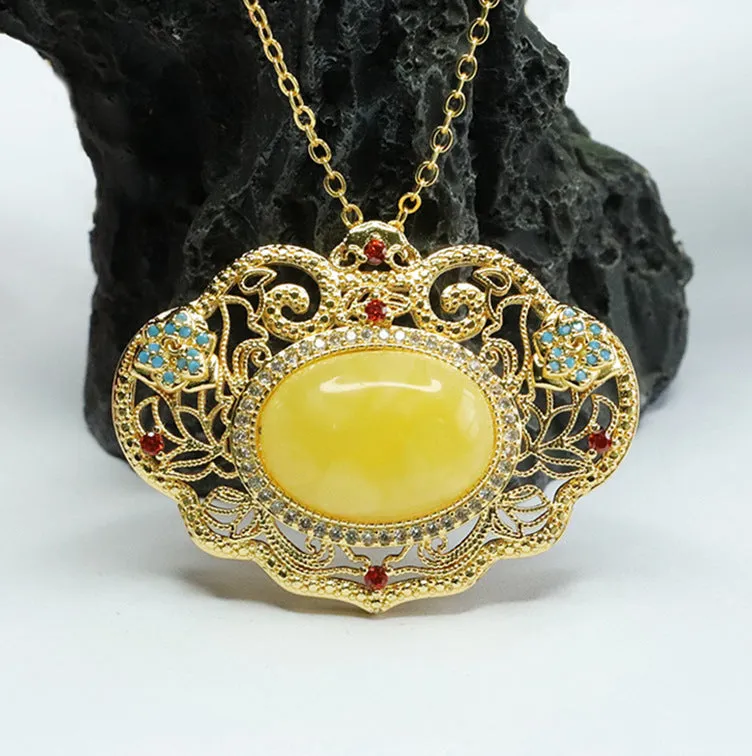 Golden Ruyi Beeswax Amber Pendant with Sterling Silver Necklace