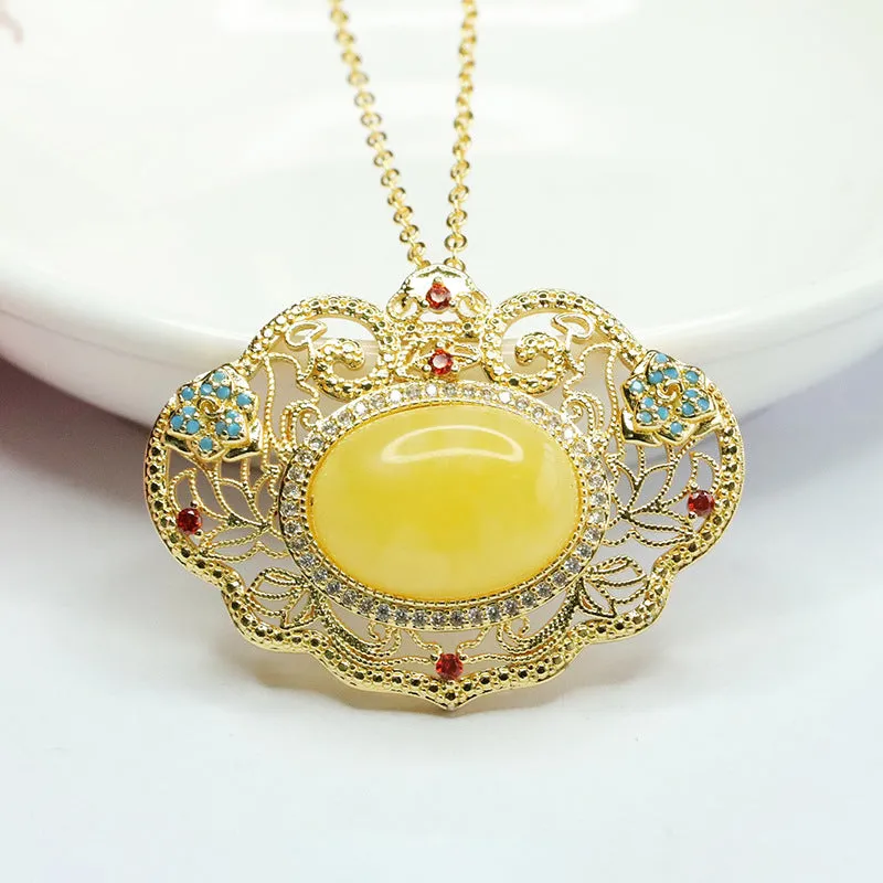 Golden Ruyi Beeswax Amber Pendant with Sterling Silver Necklace