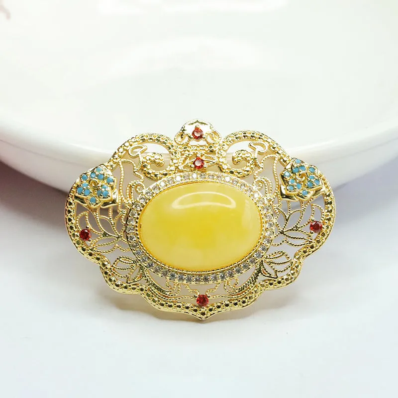 Golden Ruyi Beeswax Amber Pendant with Sterling Silver Necklace