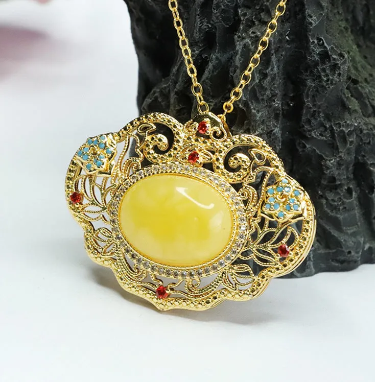 Golden Ruyi Beeswax Amber Pendant with Sterling Silver Necklace