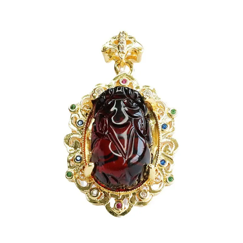 Golden Zircon Pixiu Pendant with Amber Necklace