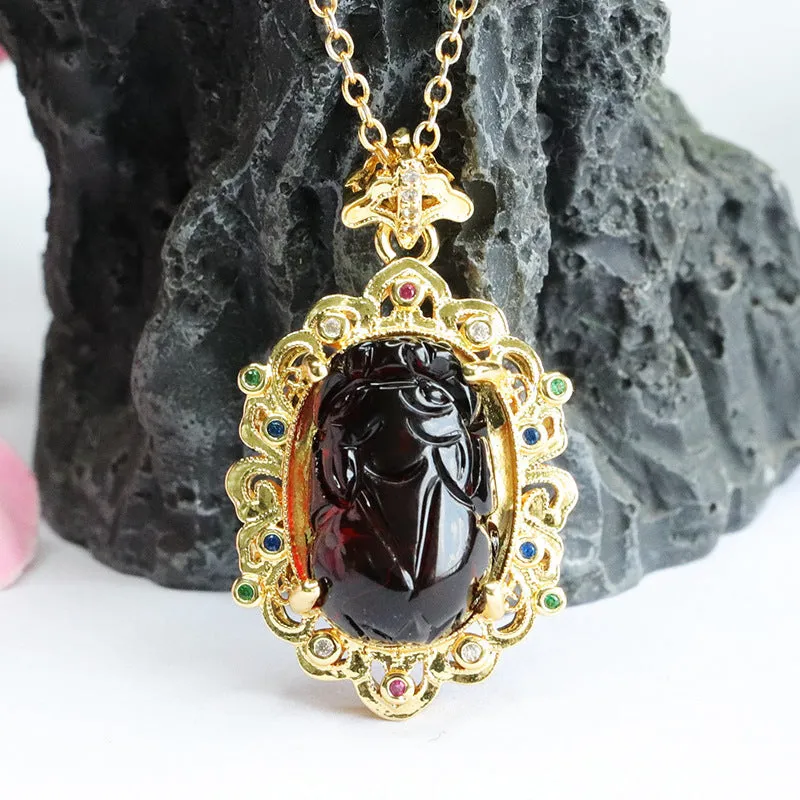 Golden Zircon Pixiu Pendant with Amber Necklace