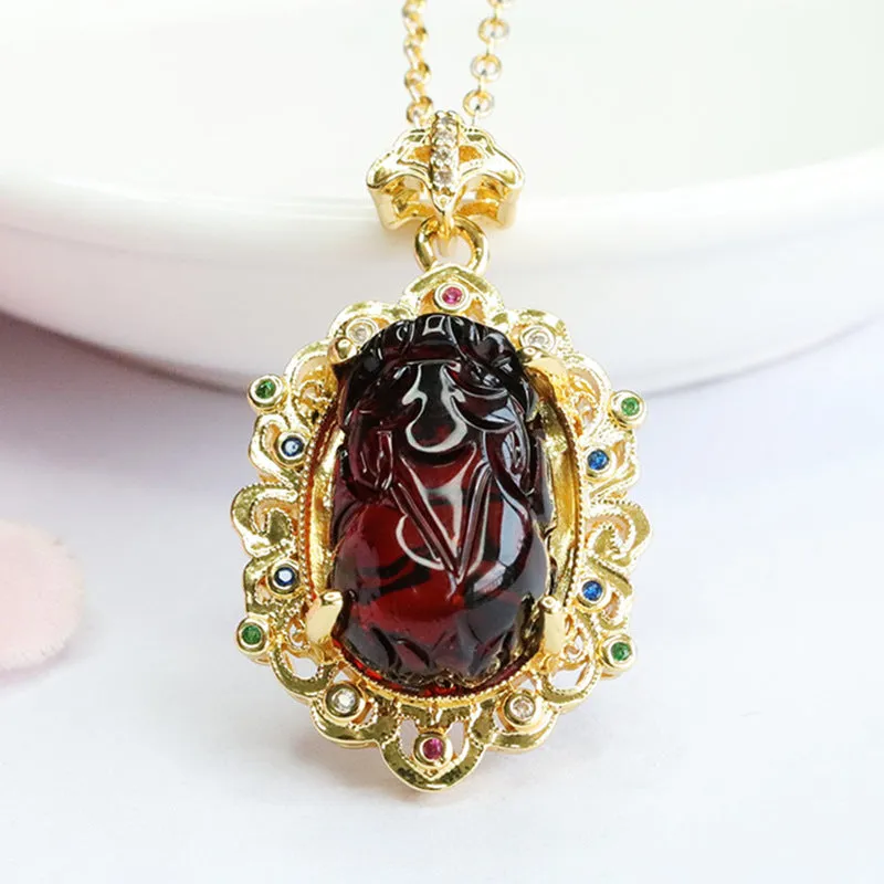 Golden Zircon Pixiu Pendant with Amber Necklace