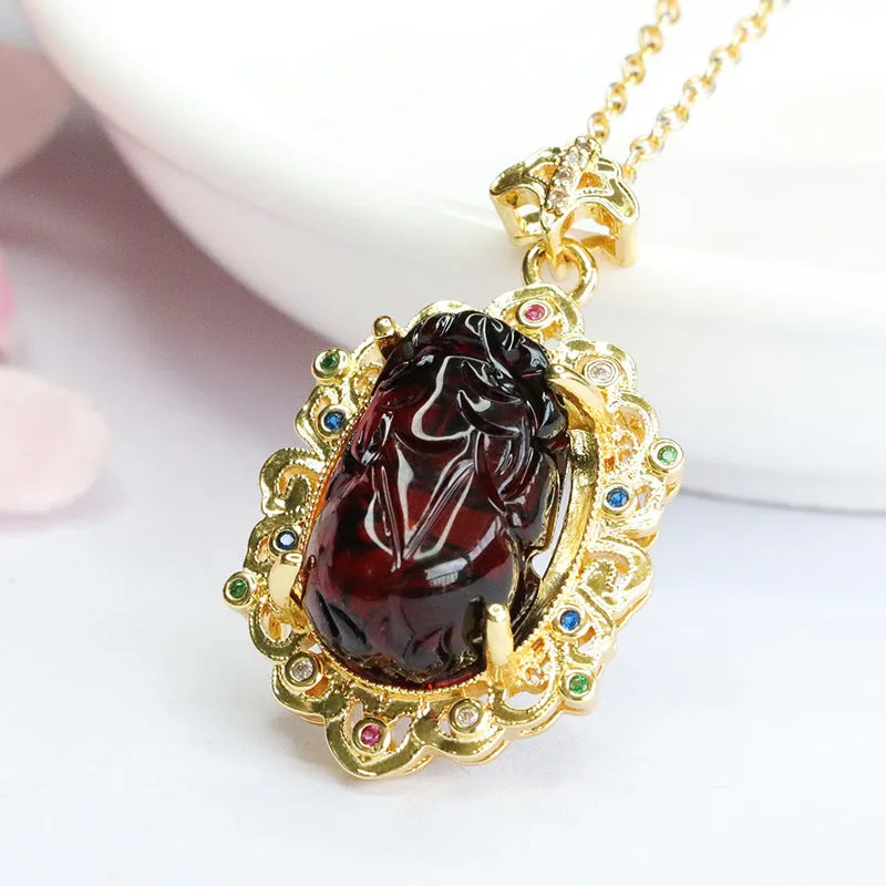 Golden Zircon Pixiu Pendant with Amber Necklace