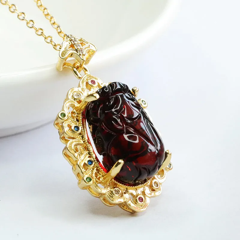 Golden Zircon Pixiu Pendant with Amber Necklace