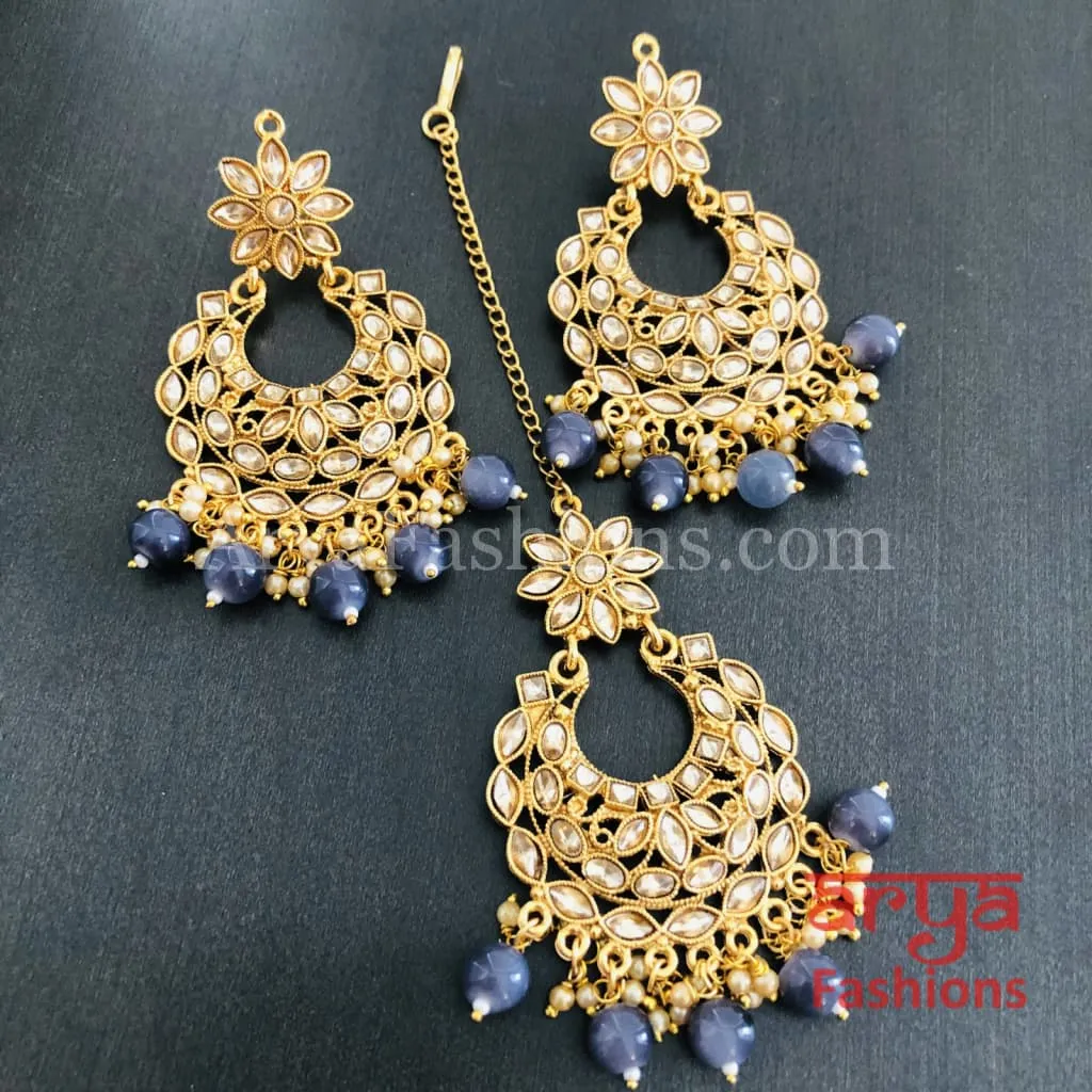 Gray Mang Tika and Big Chandbali Earrings Combo Set