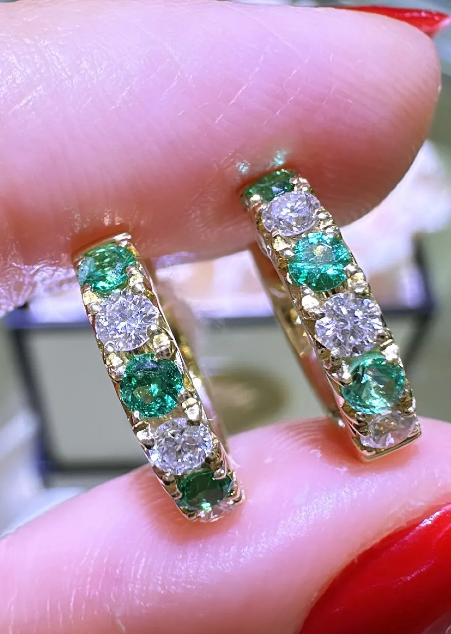 Green Emerald and Diamond Hoop Huguie Earrings 0.58ct tw