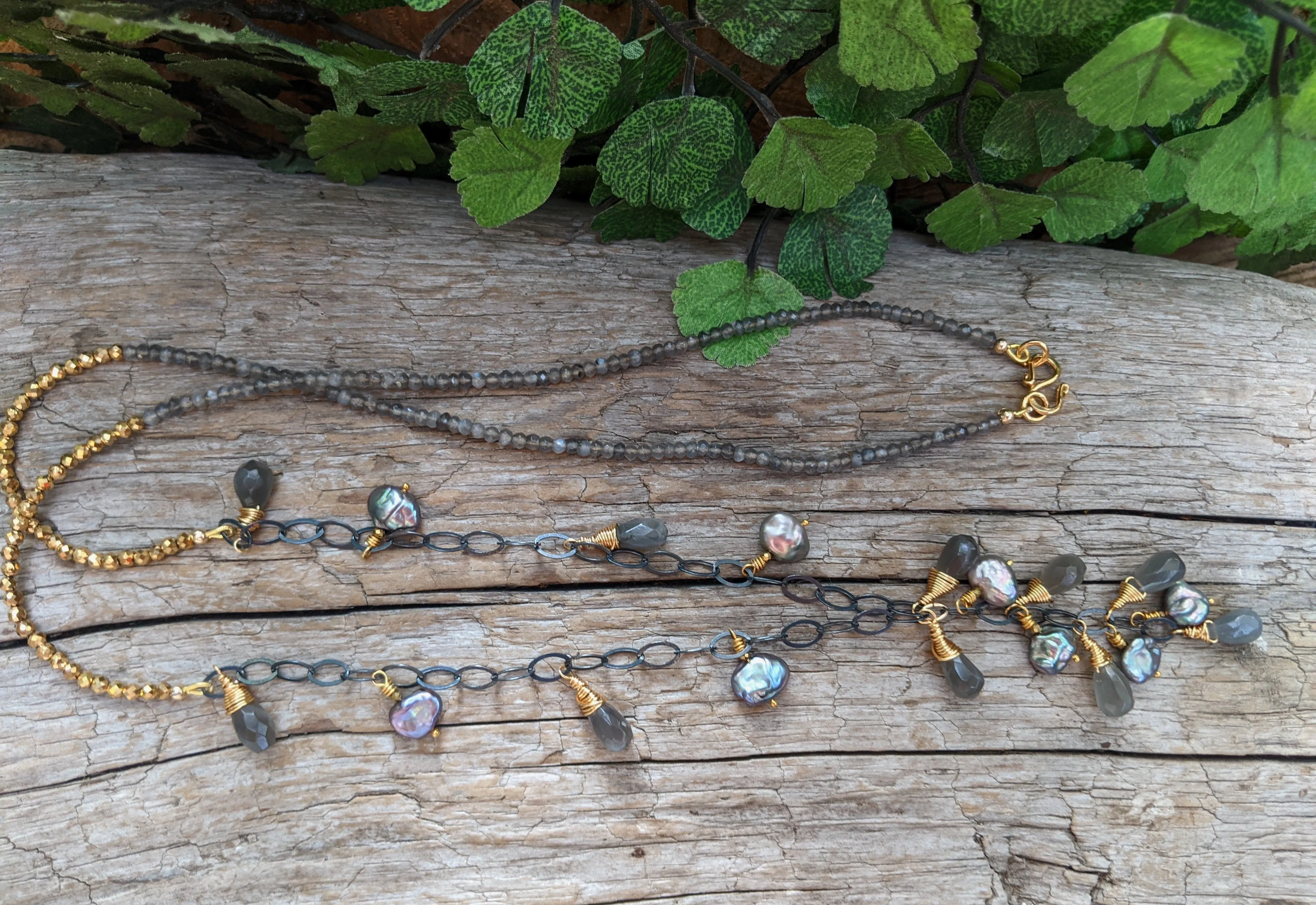 Grey Moonstone & Grey Baroque Pearl Long Necklace