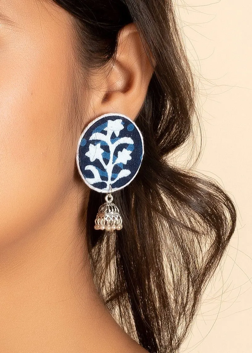 Handmade Indigo Cotton Fabric Stud Jhumka Earrings with Oxidized Silver, Perfect for All Occasions