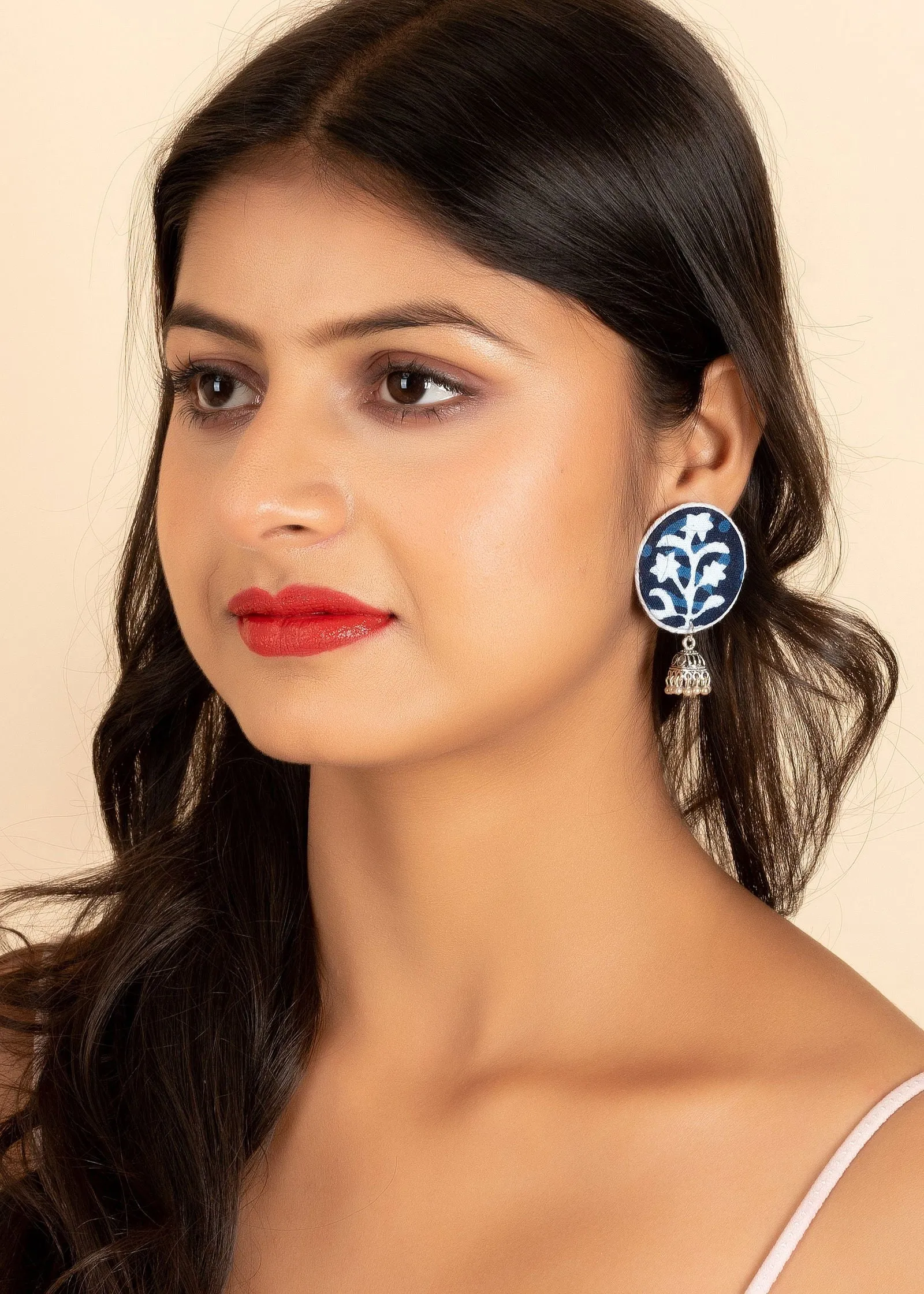 Handmade Indigo Cotton Fabric Stud Jhumka Earrings with Oxidized Silver, Perfect for All Occasions