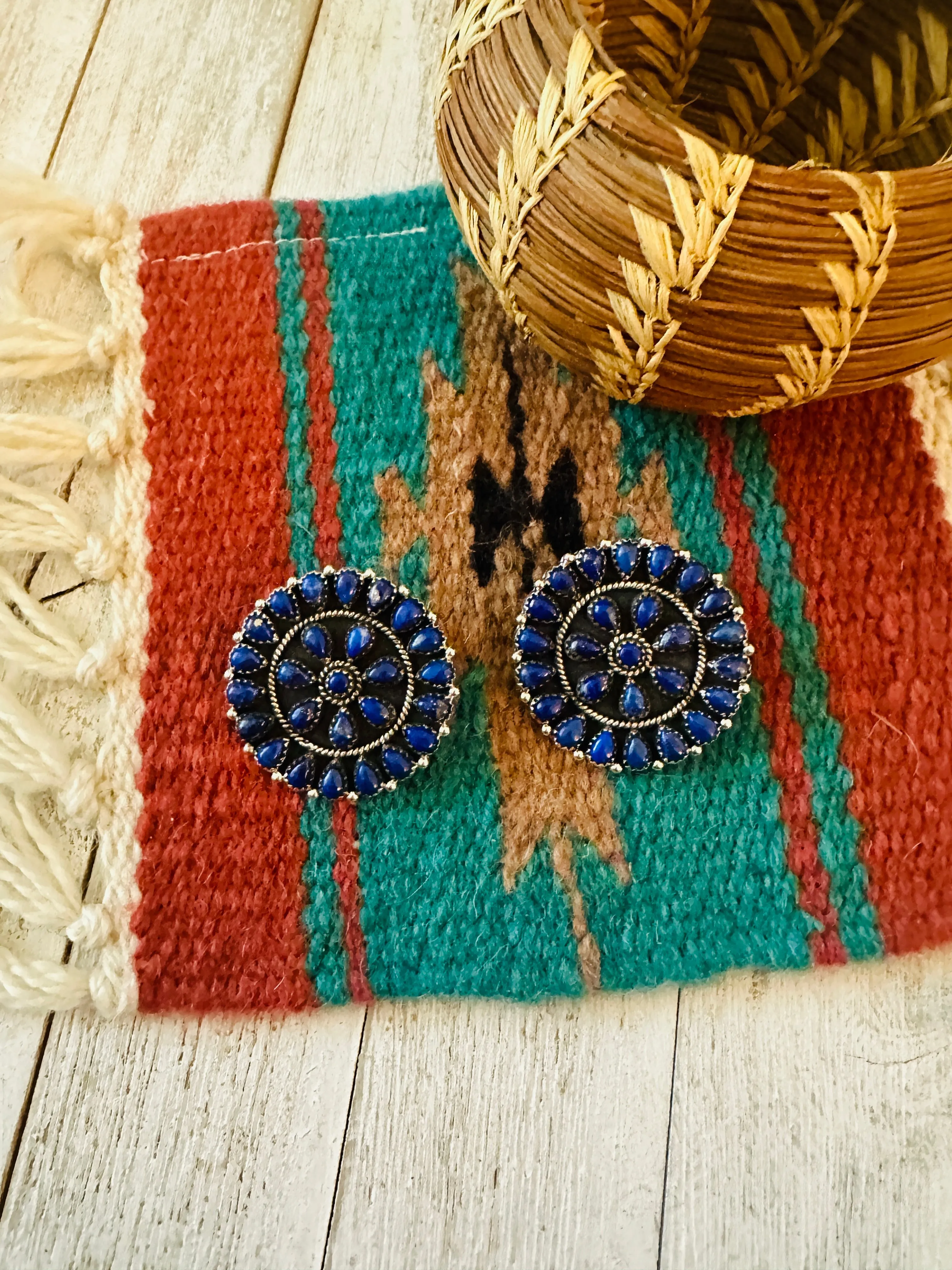 Handmade Lapis & Sterling Silver Cluster Post Earrings Signed Nizhoni