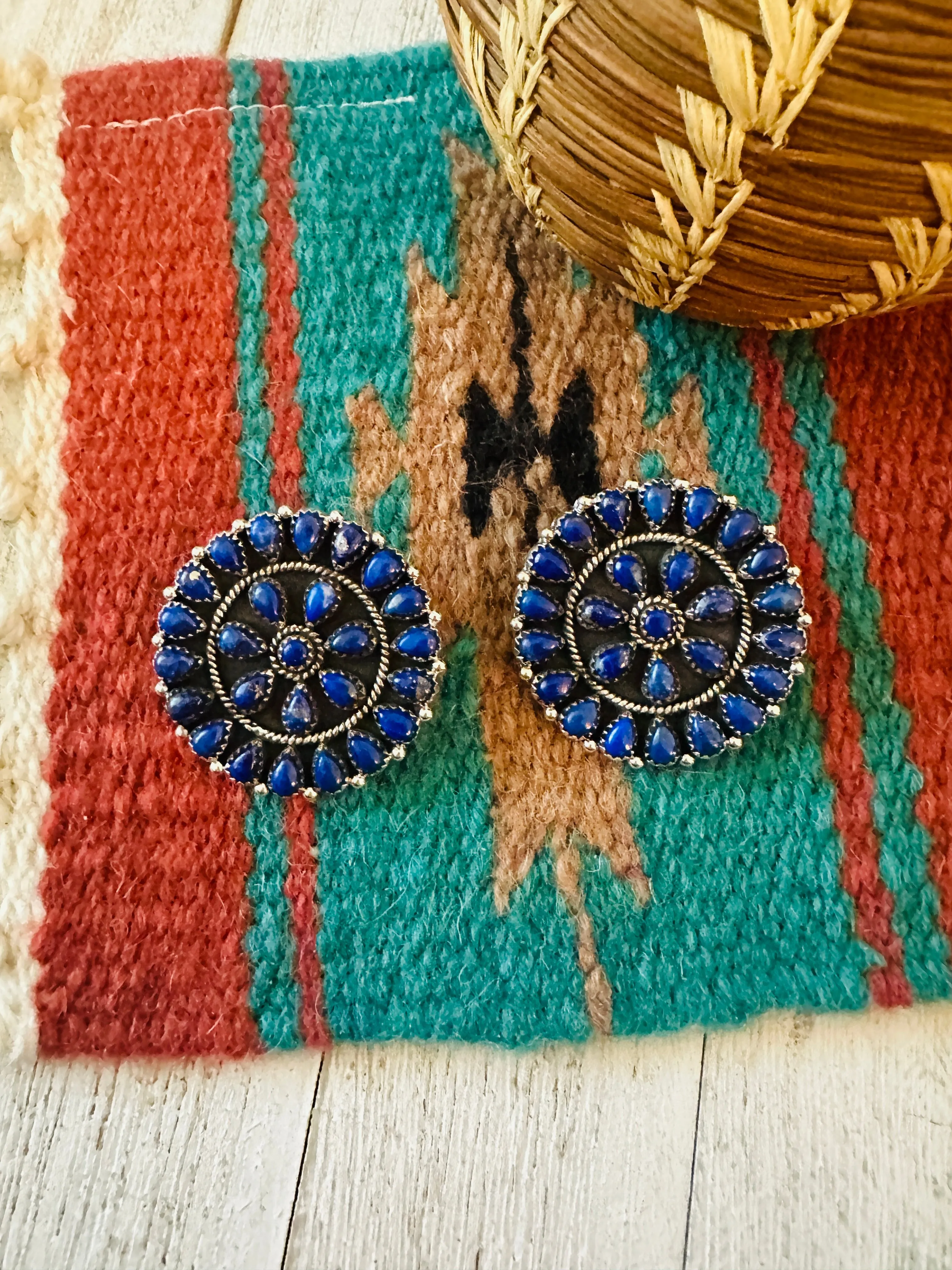 Handmade Lapis & Sterling Silver Cluster Post Earrings Signed Nizhoni