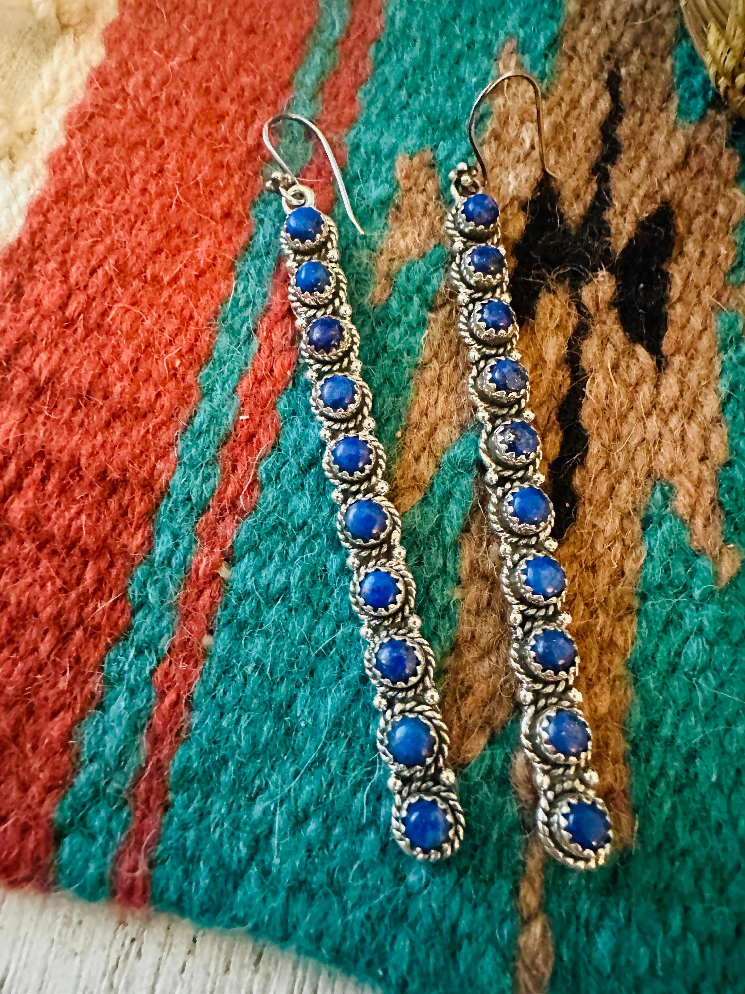 Handmade Lapis & Sterling Silver Straight Dangle Earrings Signed Nizhoni