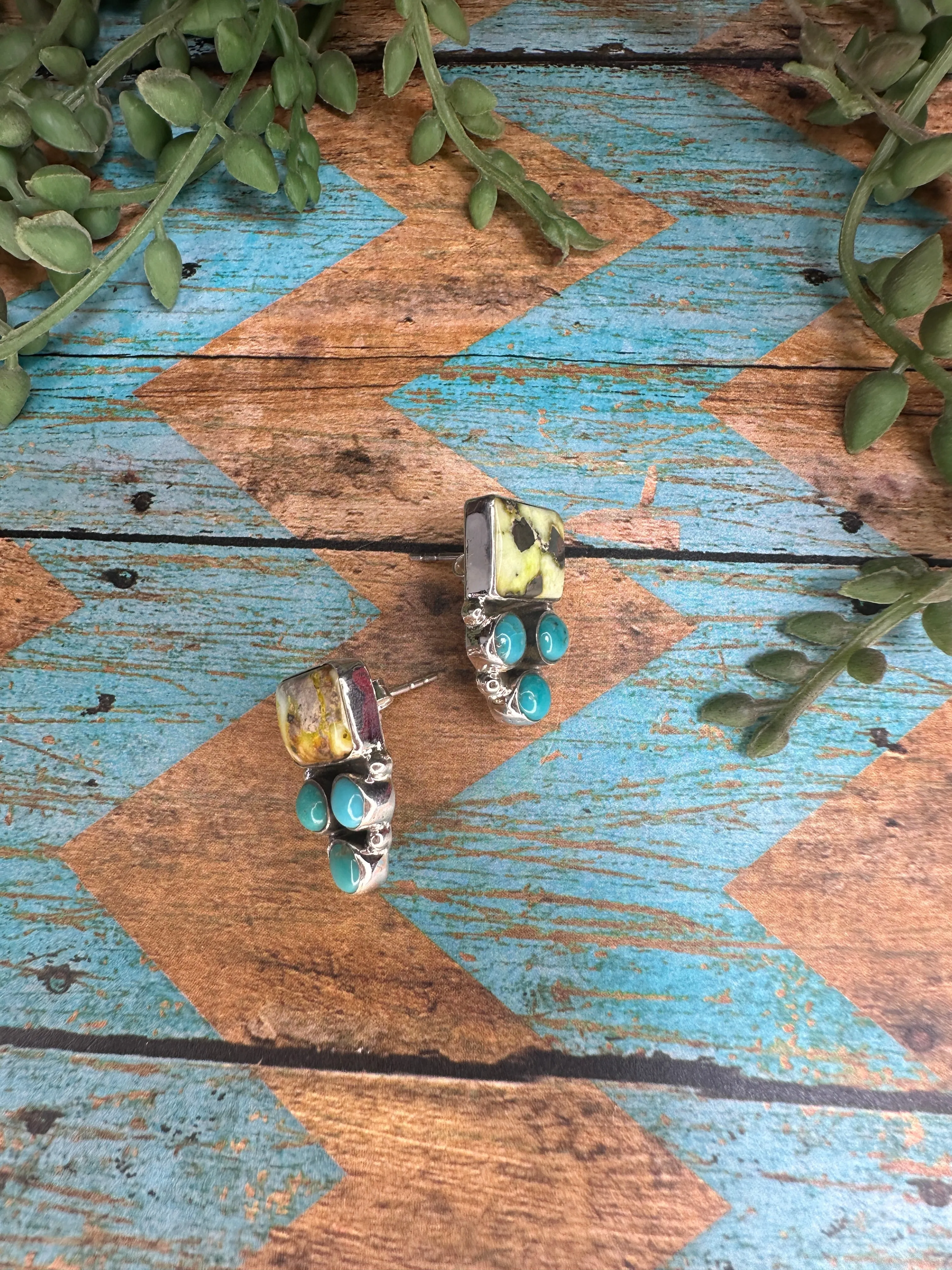 Handmade Palomino Turquoise and Sterling Silver Post Earrings STYLE 3