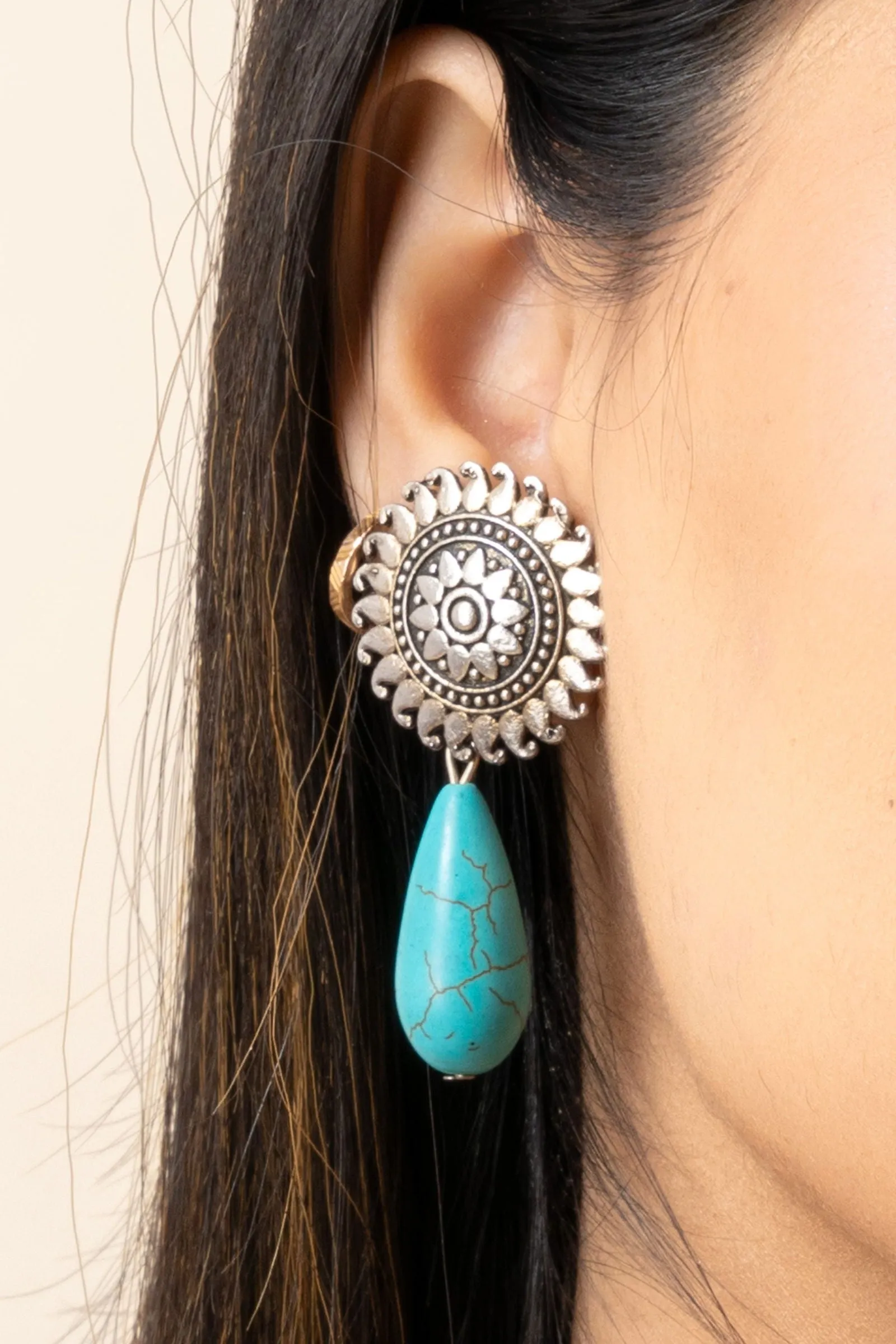 Handmade Turquoise Drop German Silver Floral Stud Earrings