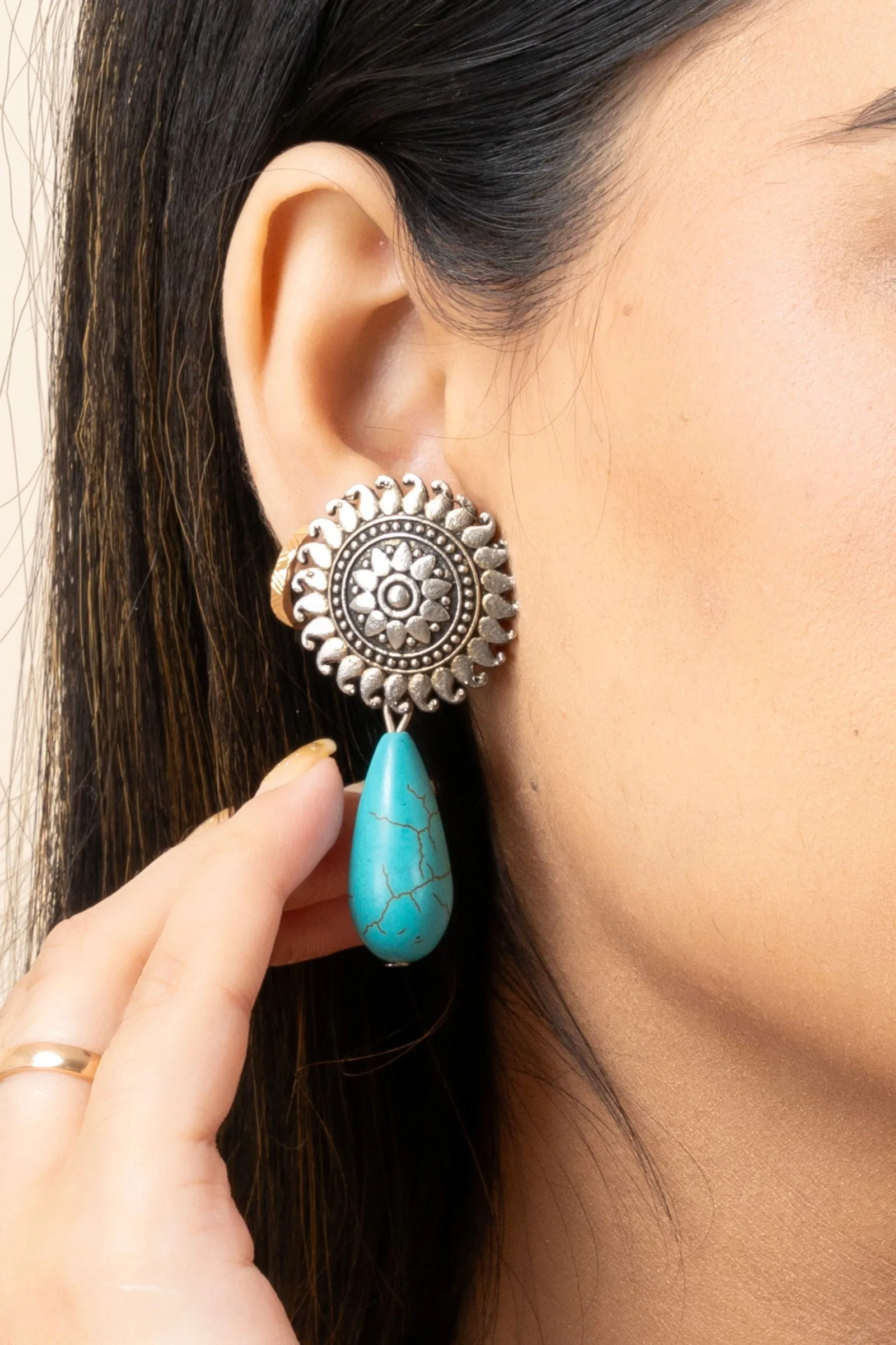 Handmade Turquoise Drop German Silver Floral Stud Earrings