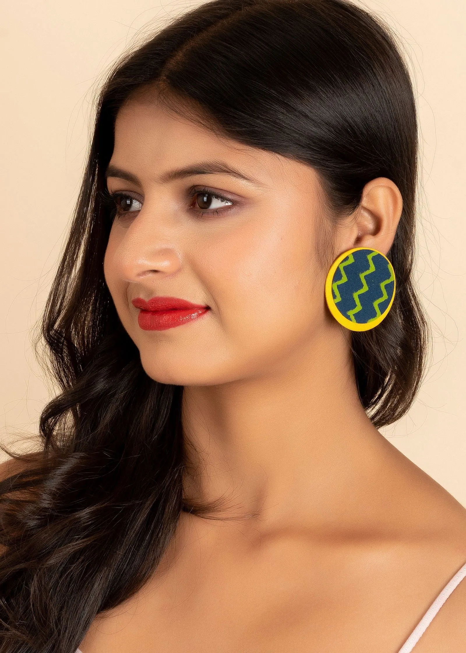 Handmade Yellow Green Zigzag Ajrakh Lightweight Fabric Earrings - Non-Allergic Plating for All Occasions