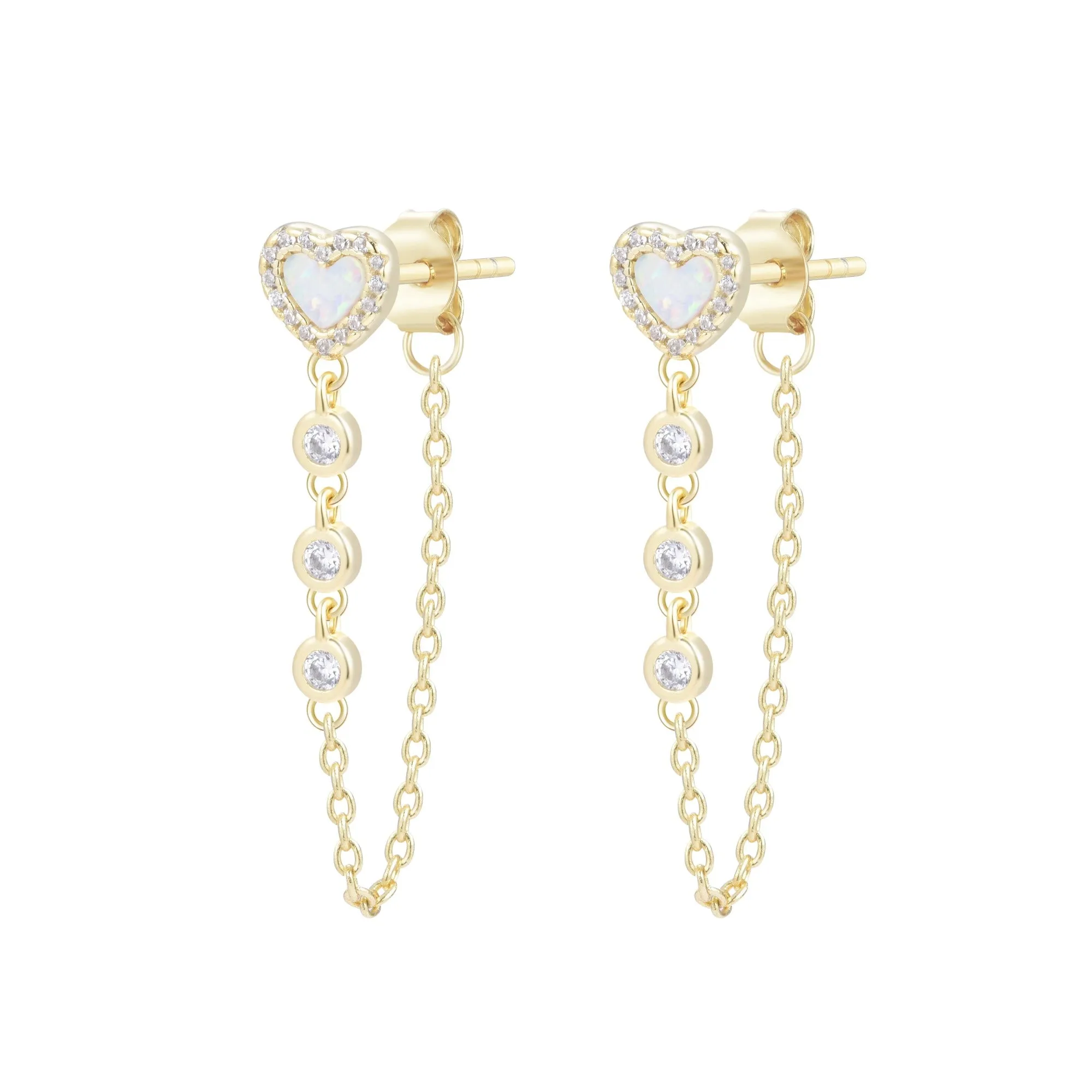 Heart Chain Stud Earrings With Crystals