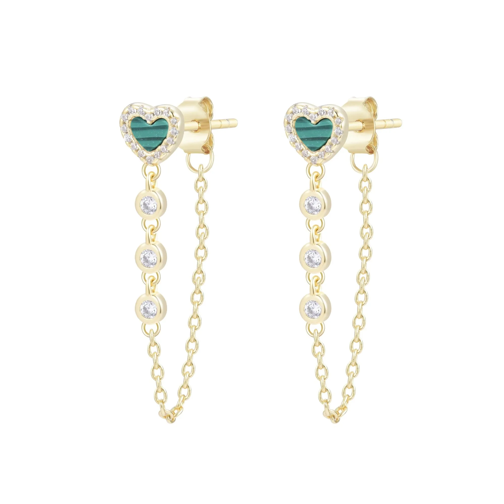 Heart Chain Stud Earrings With Crystals