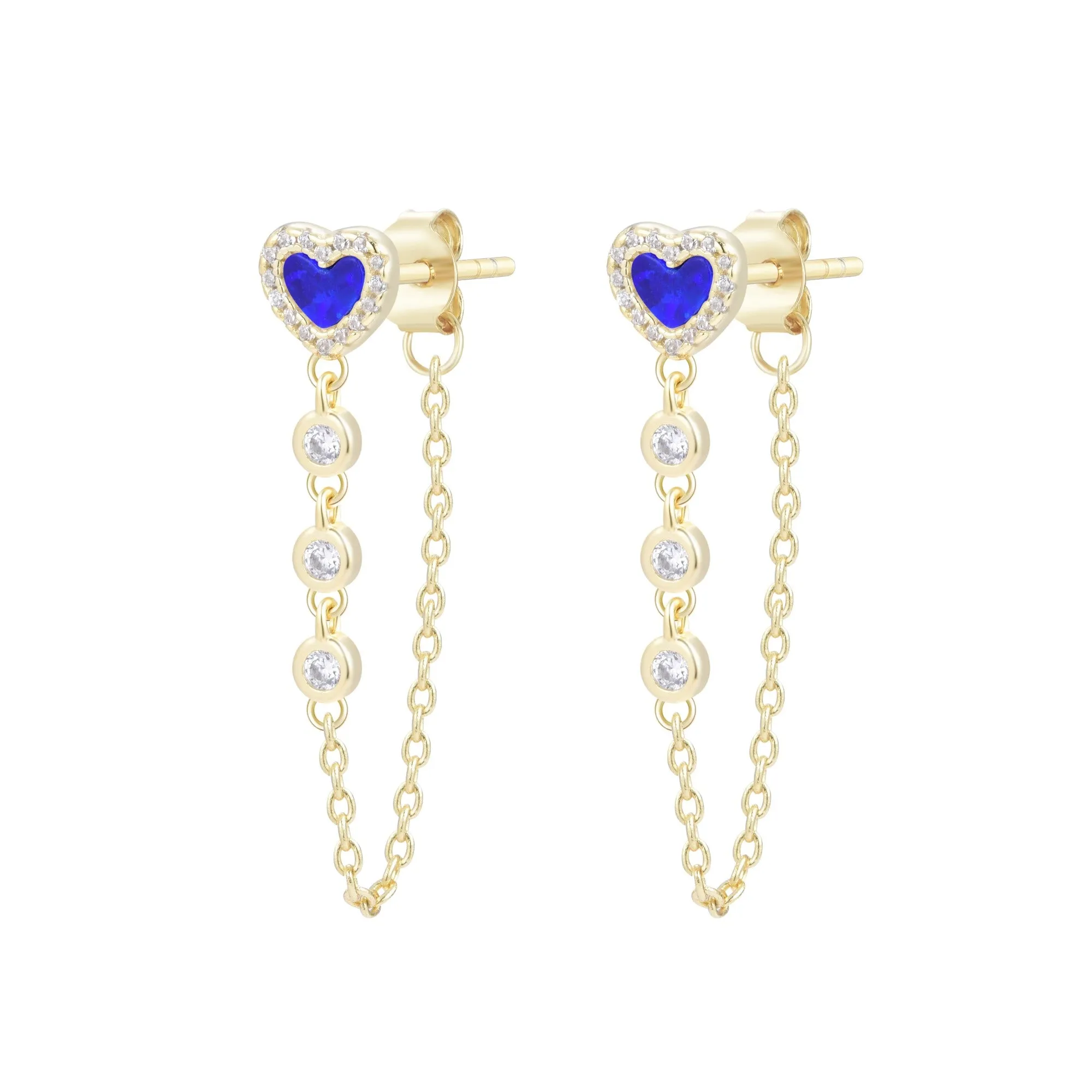 Heart Chain Stud Earrings With Crystals