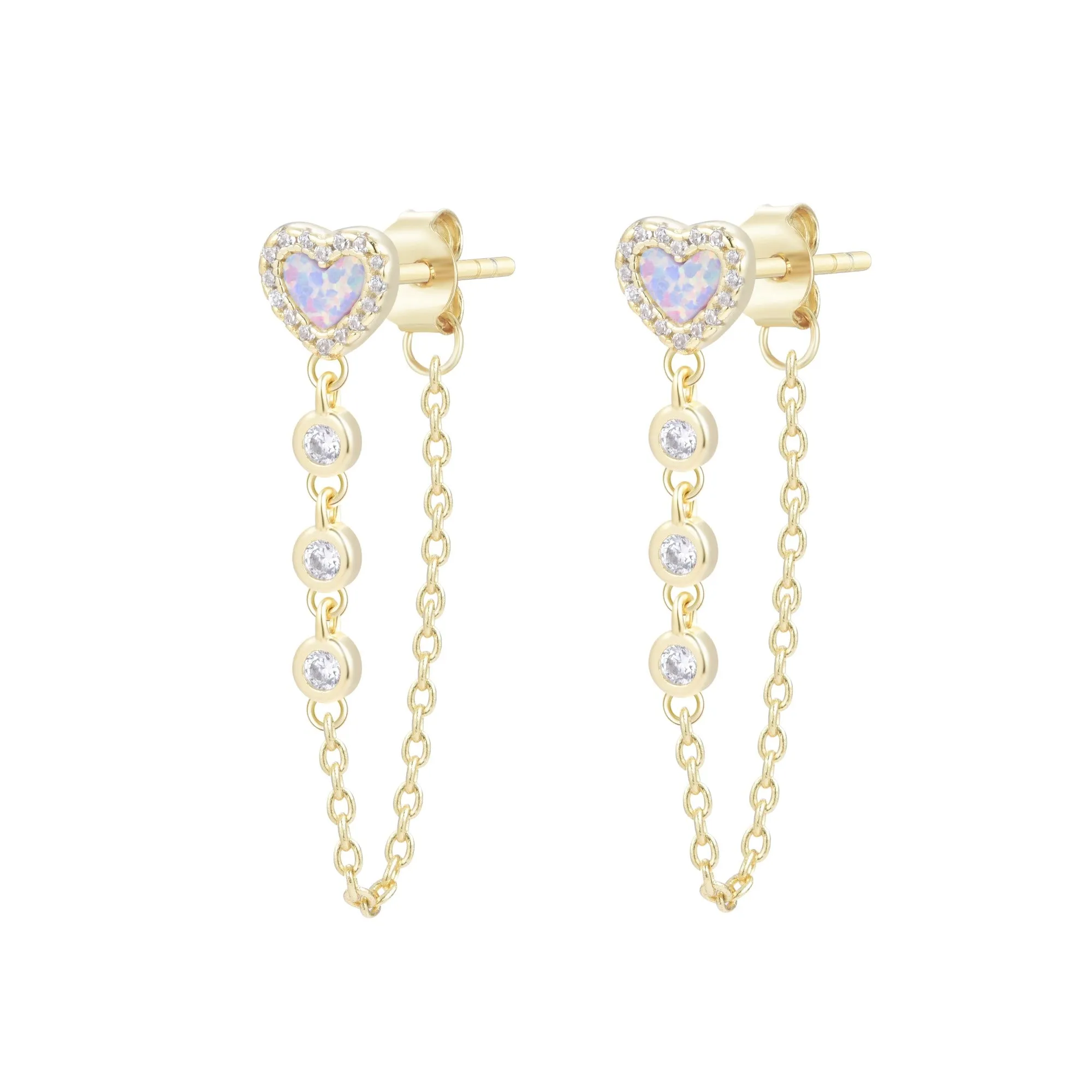 Heart Chain Stud Earrings With Crystals