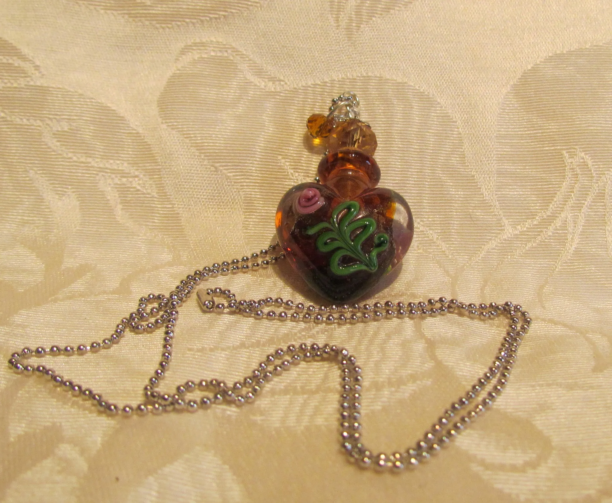 Heart Perfume Bottle Necklace Murano Handmade Art Glass Silver Amber Lampwork Pendant Bottle