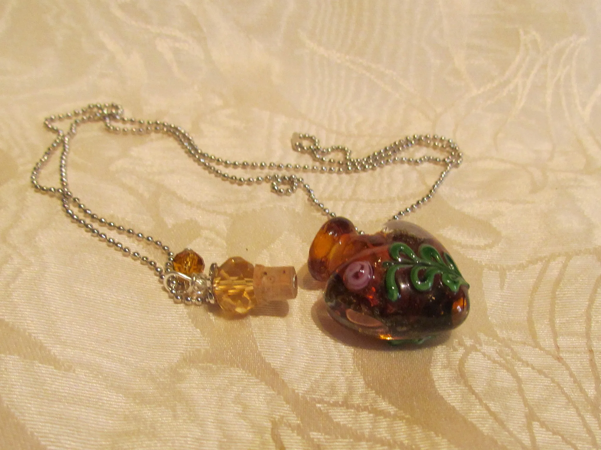 Heart Perfume Bottle Necklace Murano Handmade Art Glass Silver Amber Lampwork Pendant Bottle