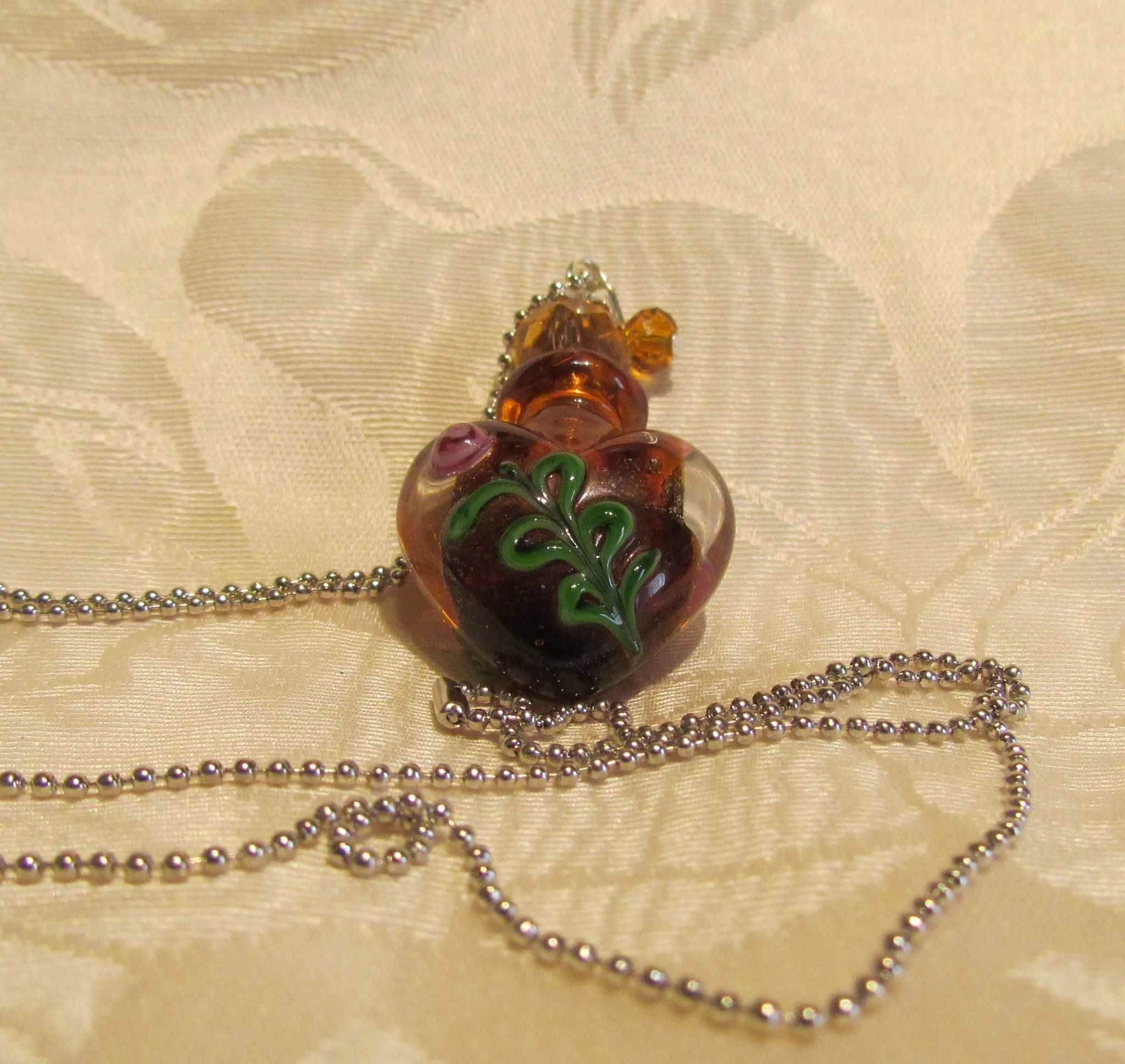 Heart Perfume Bottle Necklace Murano Handmade Art Glass Silver Amber Lampwork Pendant Bottle