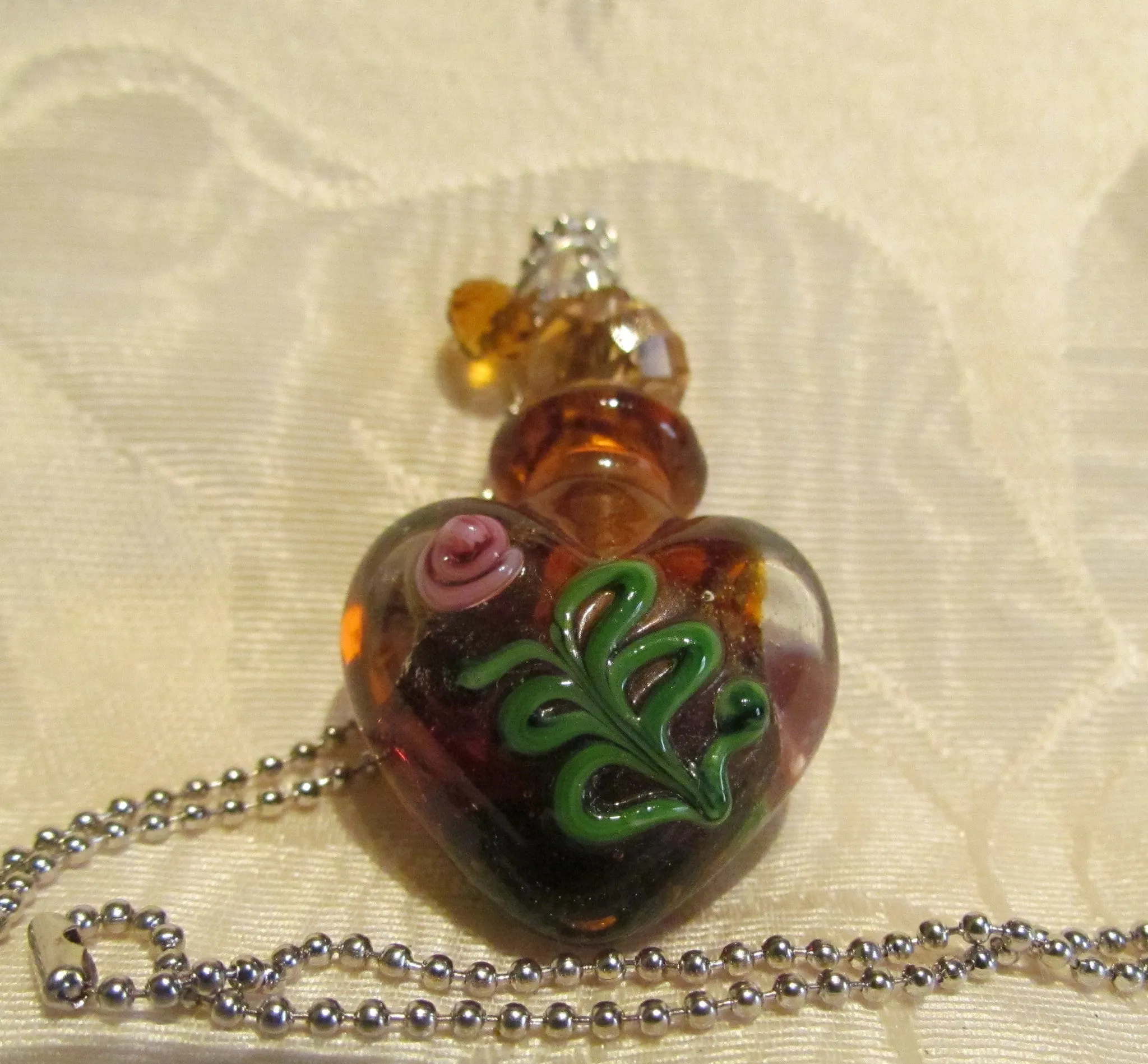 Heart Perfume Bottle Necklace Murano Handmade Art Glass Silver Amber Lampwork Pendant Bottle