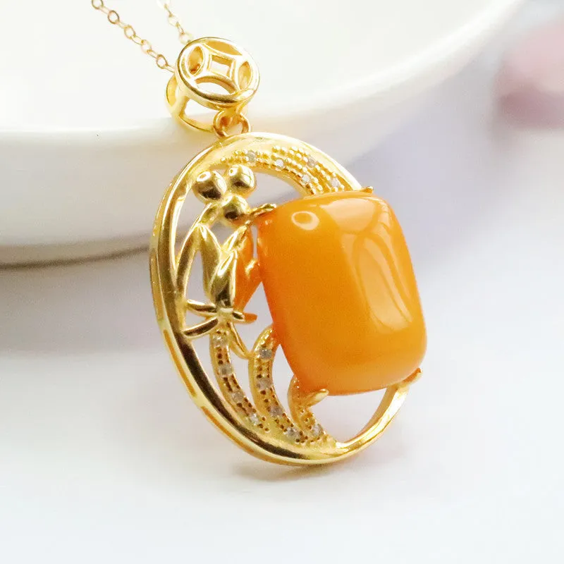 Hollow Rectangle Honey Amber Pendant Sterling Silver Necklace