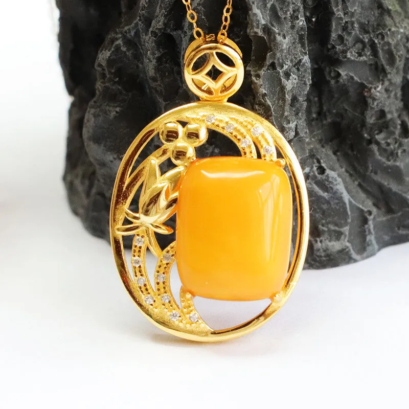 Hollow Rectangle Honey Amber Pendant Sterling Silver Necklace