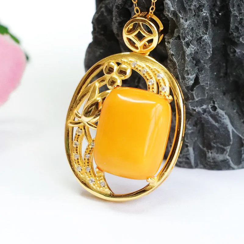 Hollow Rectangle Honey Amber Pendant Sterling Silver Necklace