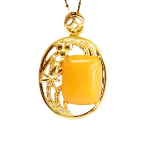 Hollow Rectangle Honey Amber Pendant Sterling Silver Necklace