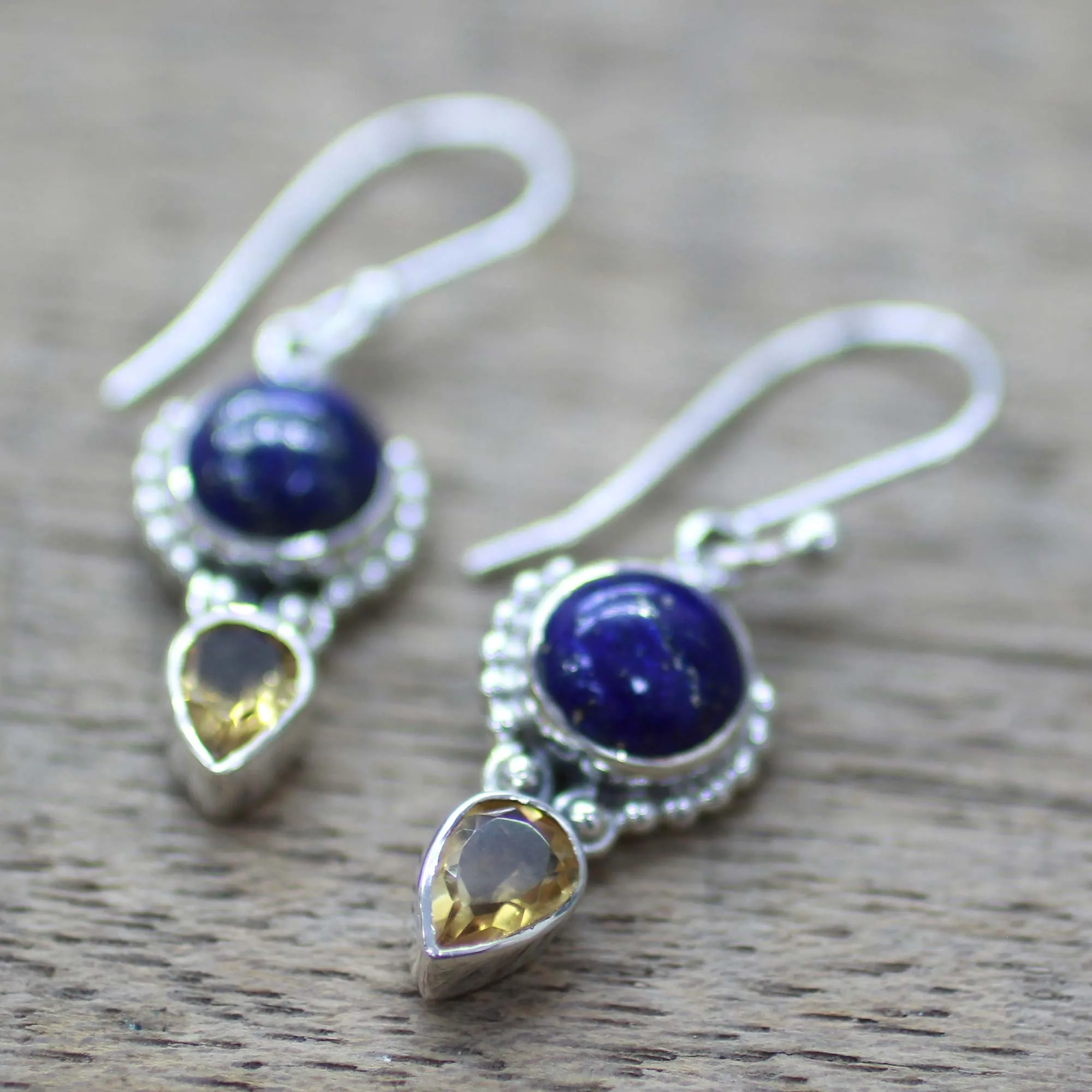 Indian Dew Handmade Citrine Lapis Lazuli Dangle Earrings from India