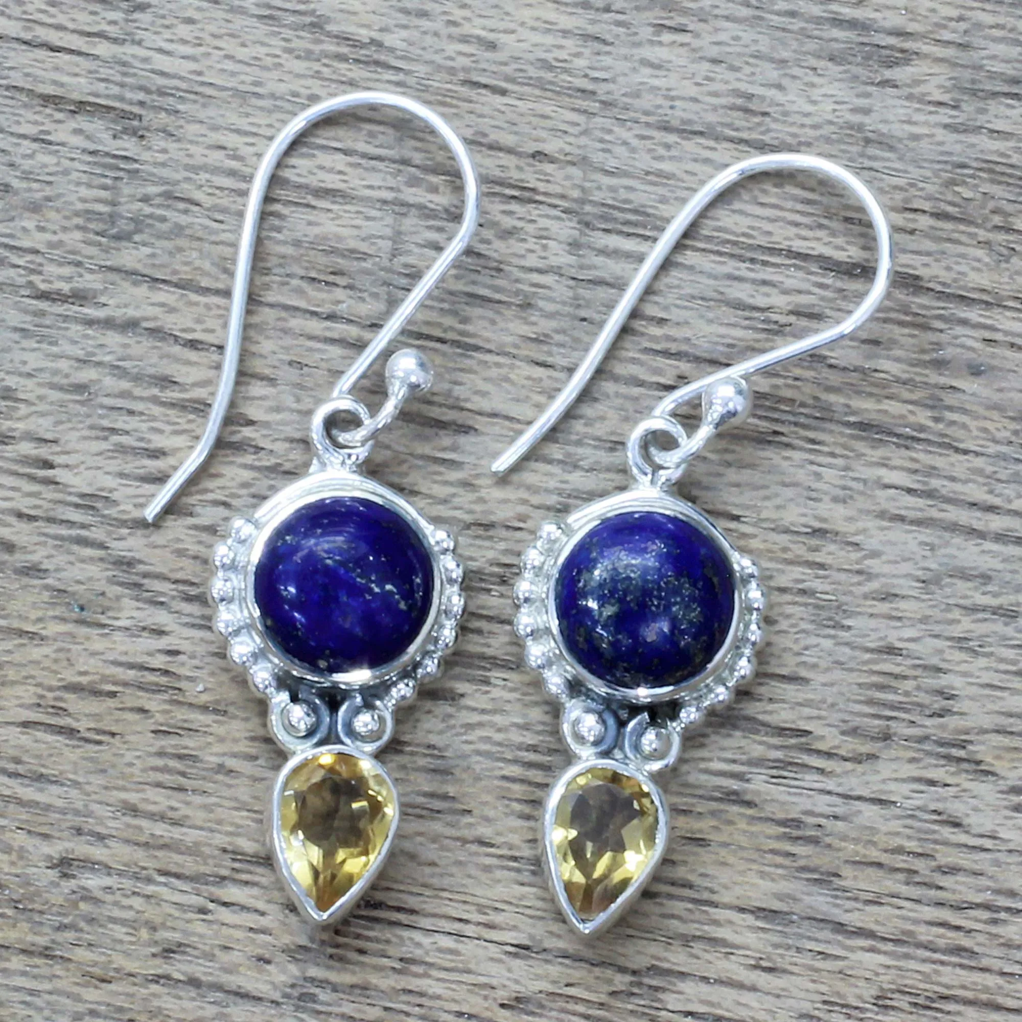 Indian Dew Handmade Citrine Lapis Lazuli Dangle Earrings from India