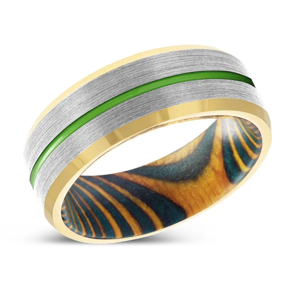 JAYBIRD | Green and Yellow Wood, Silver Tungsten Ring, Green Groove, Gold Beveled Edge