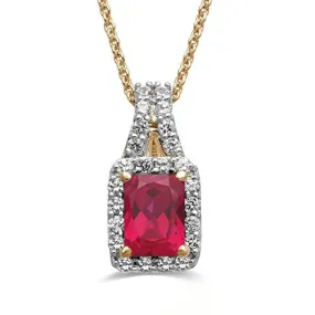 Jewelili 14K Yellow Gold With Octagon Ruby and Round Created White Sapphire Halo Pendant Necklace With 18" Rope Chain