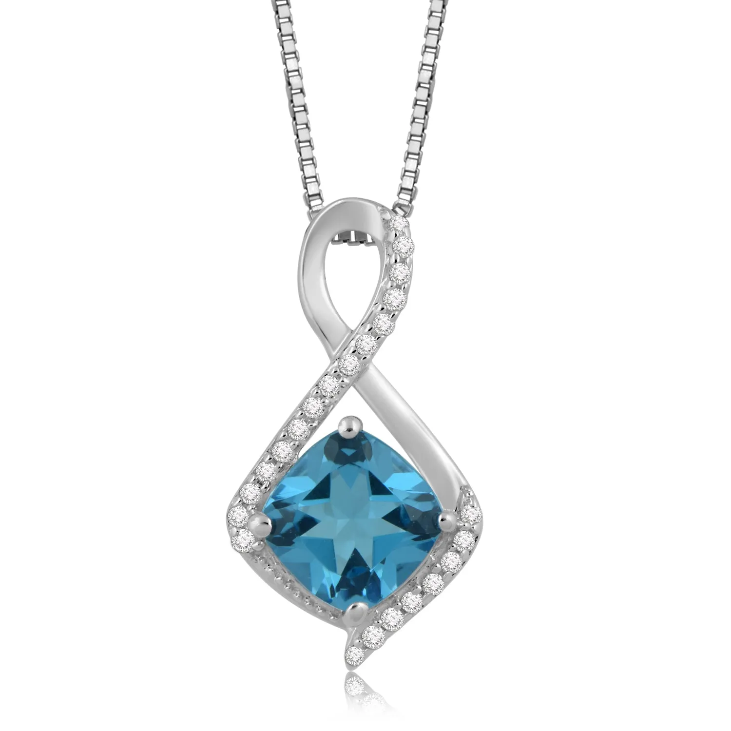 Jewelili Sterling Silver 7x7mm Princess Cut Swiss Blue Topaz and Created White Sapphire Cushion Cut Pendant Necklace, 18" Rope Chain