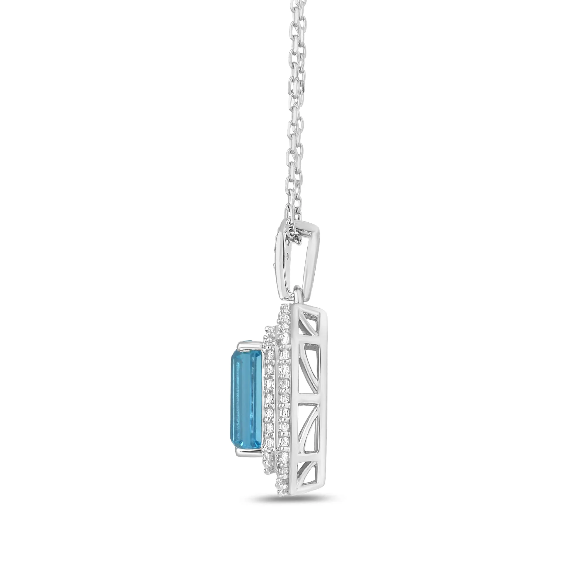 Jewelili Sterling Silver Octagon Cut Swiss Blue Topaz and Round Created White Sapphire Pendant Necklace