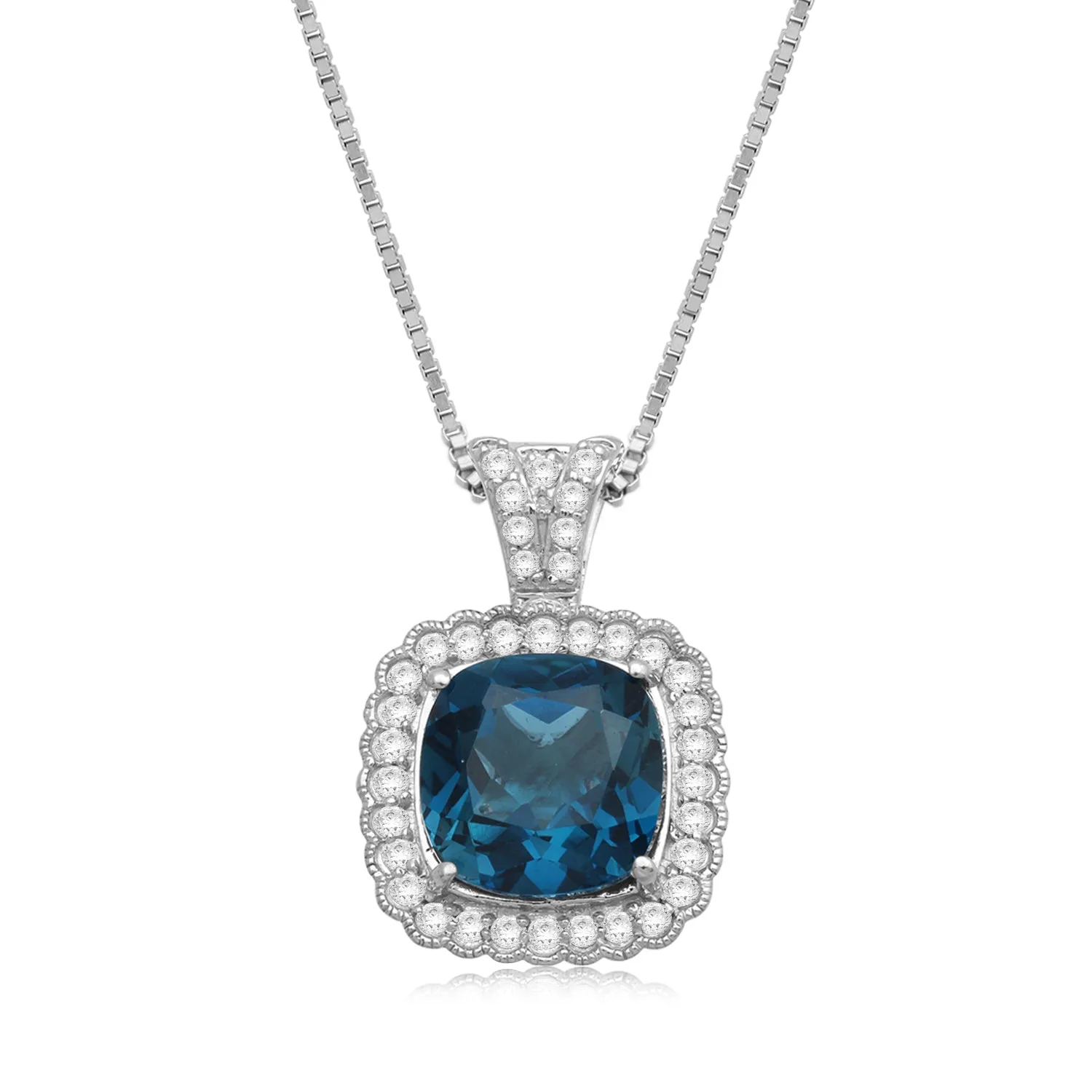 Jewelili Sterling Silver With Cushion Cut Swiss Blue Topaz, Round White Topaz and Round Emerald Halo Pendant Necklace, 18" Box Chain