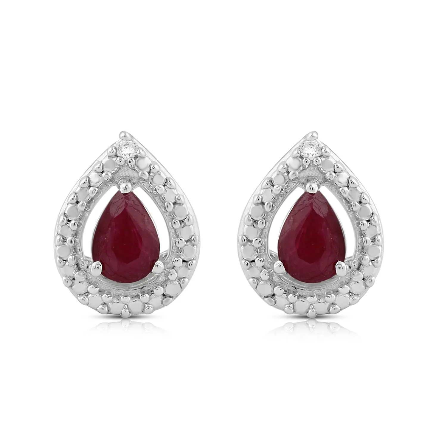 Jewelili Sterling Silver with Pear Shape Ruby and Natural White Round Shape Diamonds Teardrop Drop Earrings