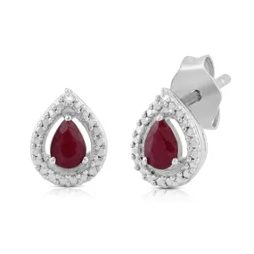 Jewelili Sterling Silver with Pear Shape Ruby and Natural White Round Shape Diamonds Teardrop Drop Earrings