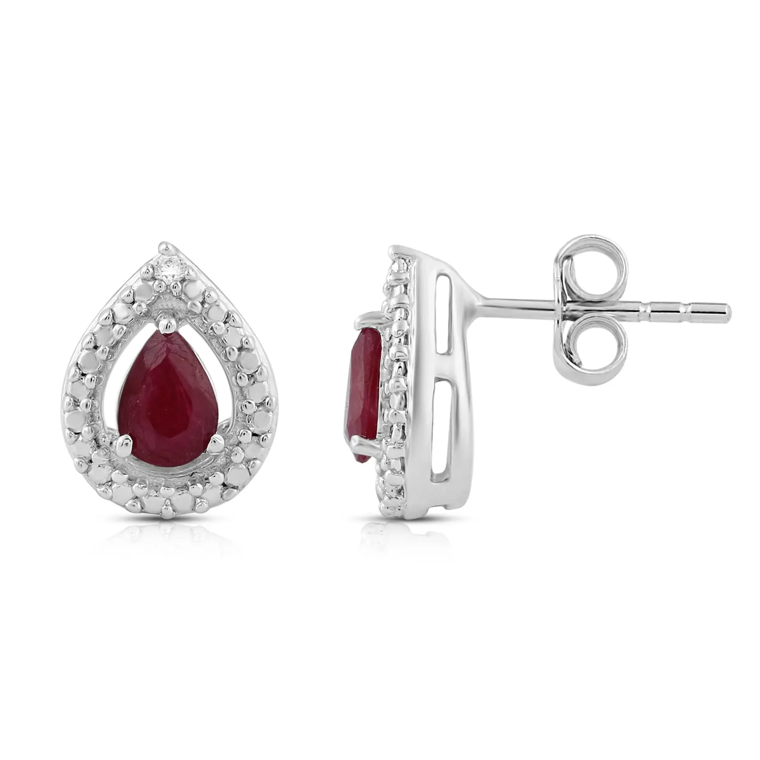 Jewelili Sterling Silver with Pear Shape Ruby and Natural White Round Shape Diamonds Teardrop Drop Earrings