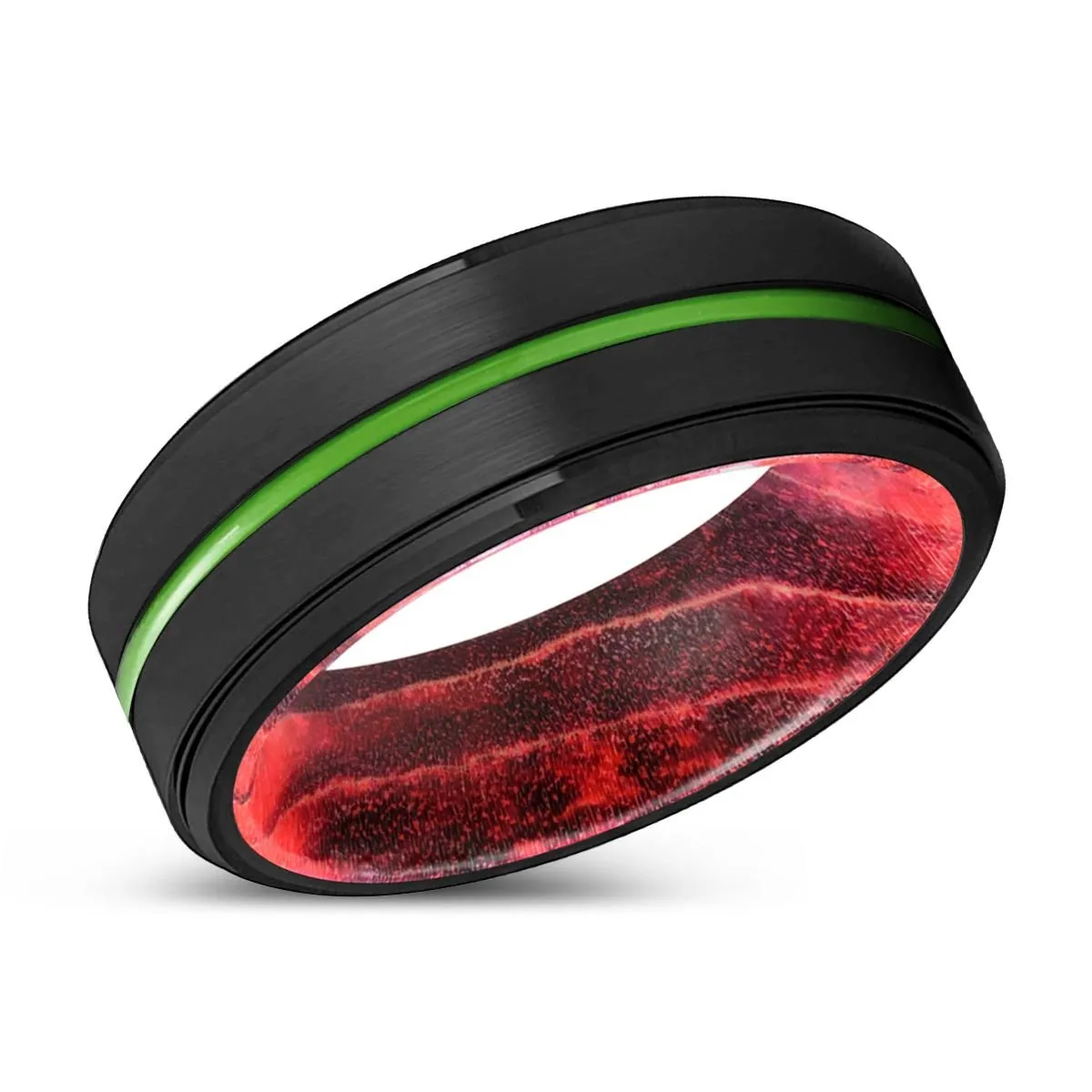 JOLIET | Black & Red Wood, Black Tungsten Ring, Green Groove, Stepped Edge