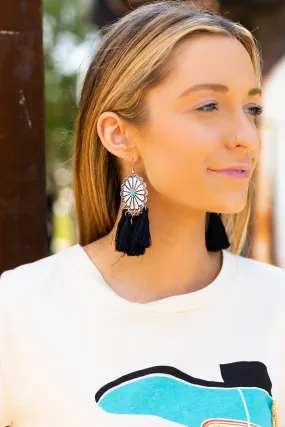 KICK ROCKS COWBOY TURQUOISE CONCHO WITH BLACK TASSELS DANGLE EARRINGS