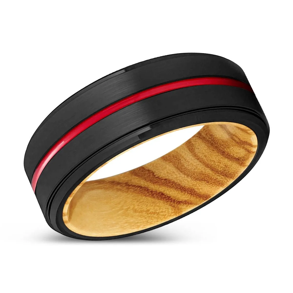 KINGHT | Olive Wood, Black Tungsten Ring, Red Groove, Stepped Edge