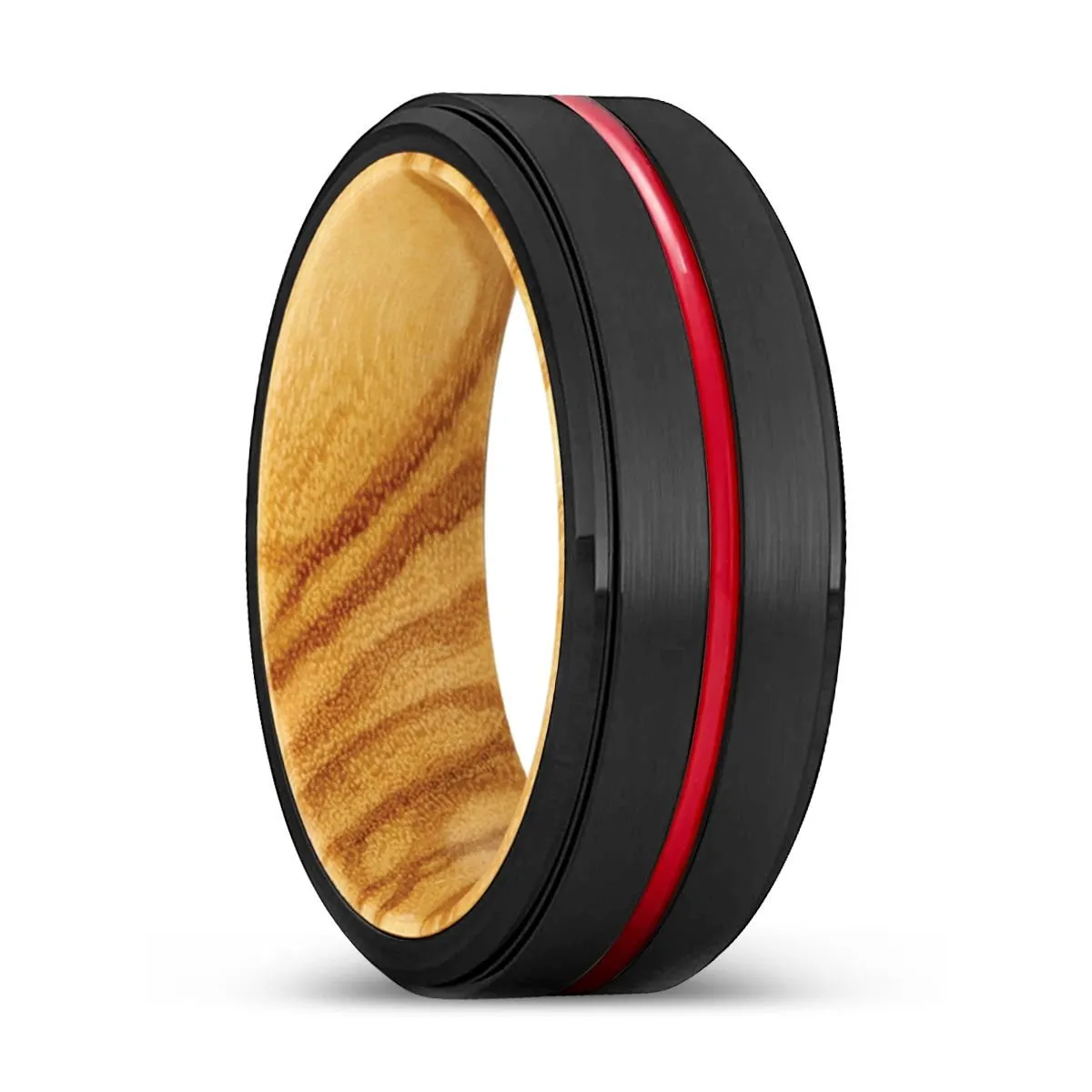 KINGHT | Olive Wood, Black Tungsten Ring, Red Groove, Stepped Edge