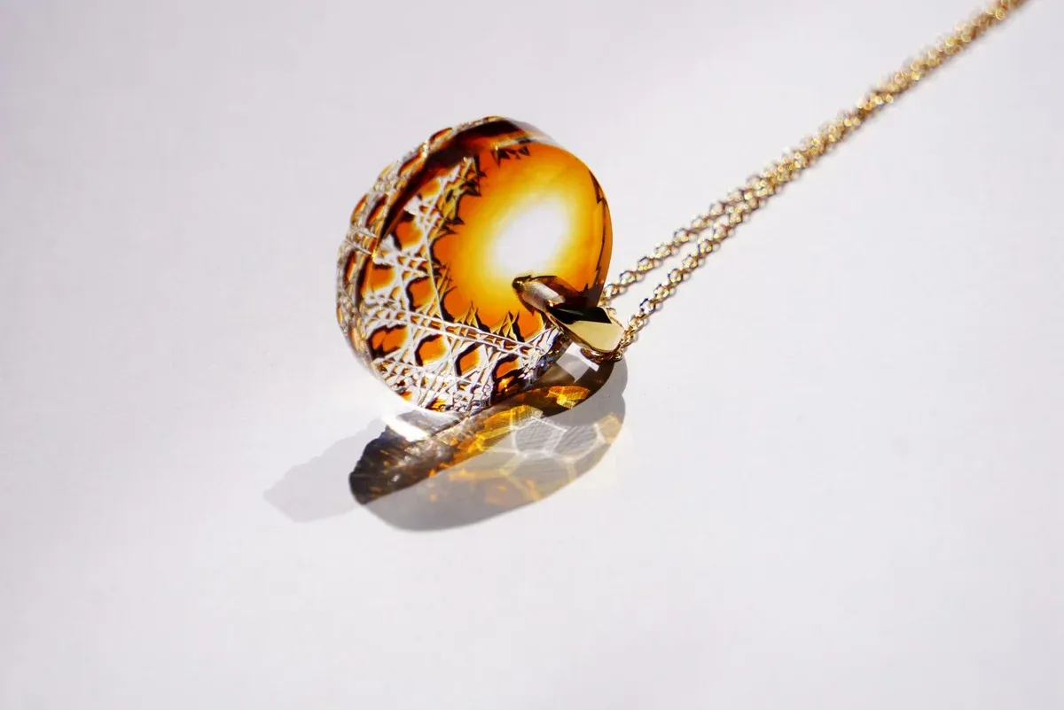 Kiriko Glass Pendant Necklace -Amber-, Japanese Jewelry