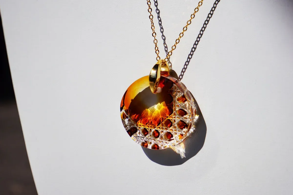 Kiriko Glass Pendant Necklace -Amber-, Japanese Jewelry